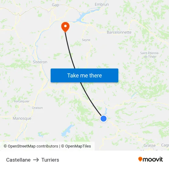 Castellane to Turriers map