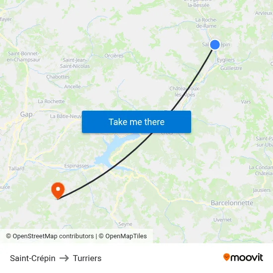 Saint-Crépin to Turriers map