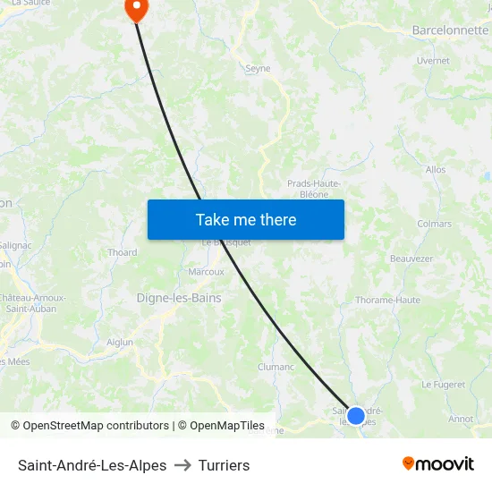 Saint-André-Les-Alpes to Turriers map