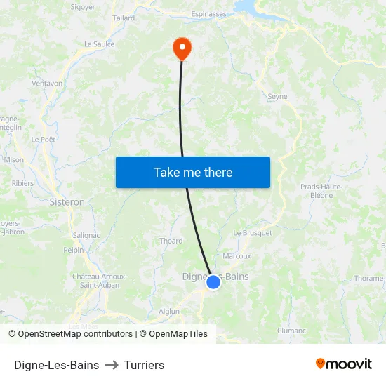 Digne-Les-Bains to Turriers map