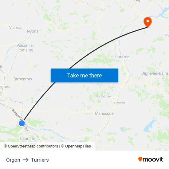 Orgon to Turriers map