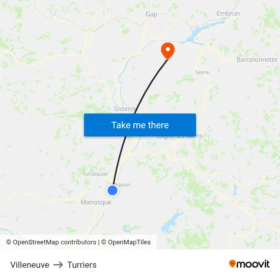 Villeneuve to Turriers map