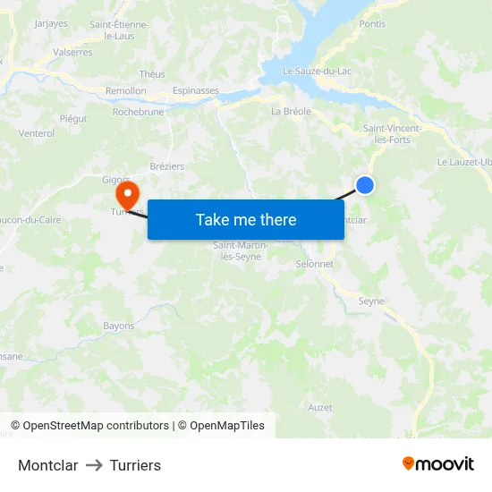 Montclar to Turriers map