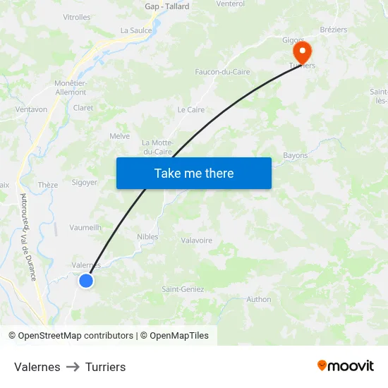 Valernes to Turriers map