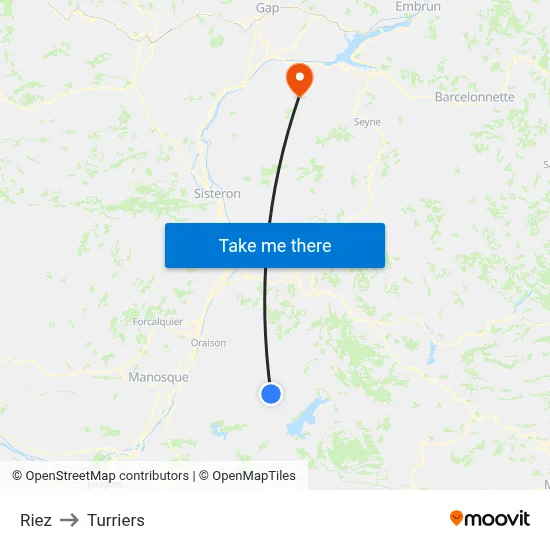 Riez to Turriers map