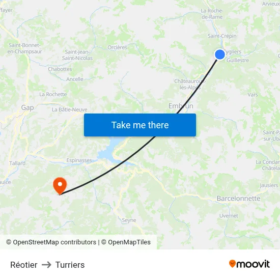 Réotier to Turriers map