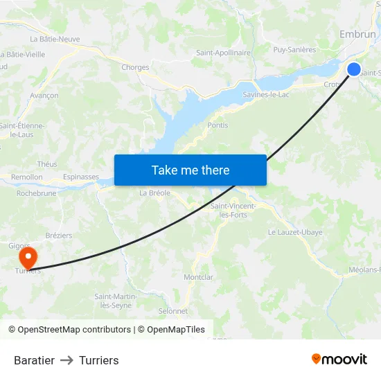 Baratier to Turriers map