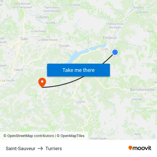 Saint-Sauveur to Turriers map
