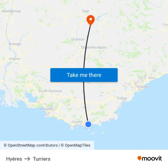 Hyères to Turriers map