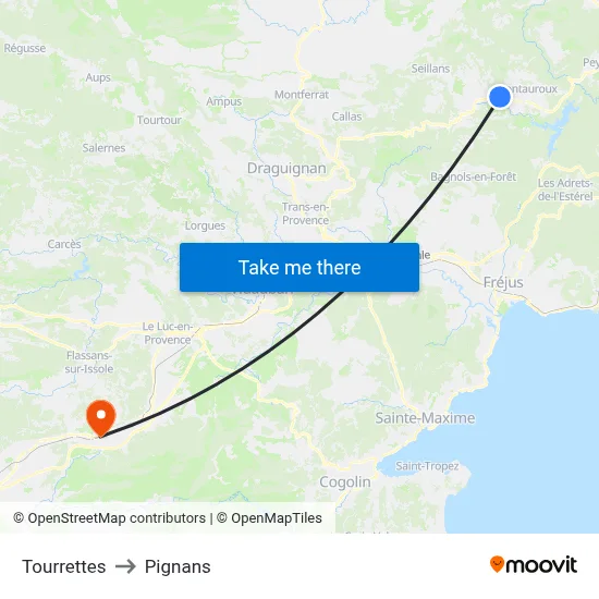 Tourrettes to Pignans map