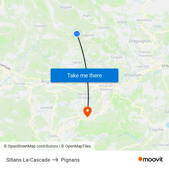 Sillans-La-Cascade to Pignans map