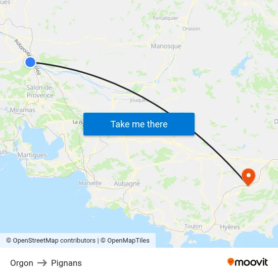 Orgon to Pignans map