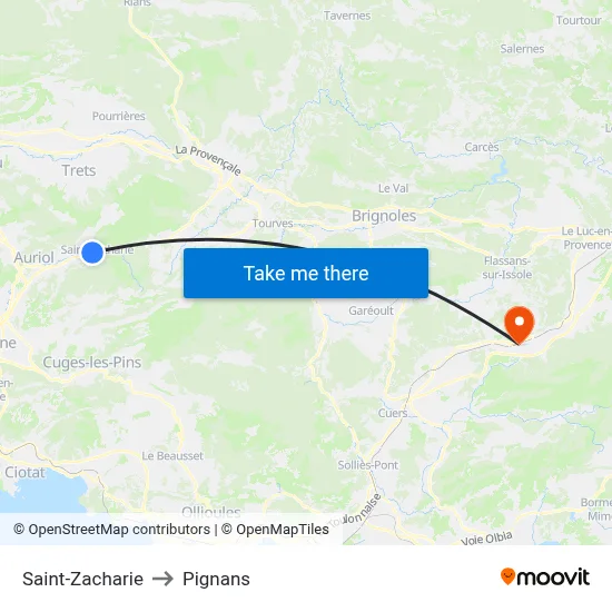 Saint-Zacharie to Pignans map