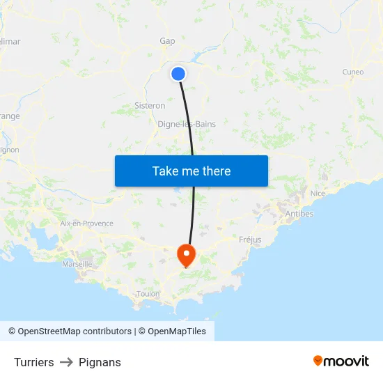 Turriers to Pignans map