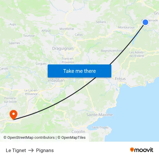 Le Tignet to Pignans map