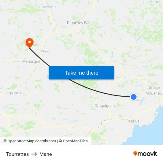 Tourrettes to Mane map