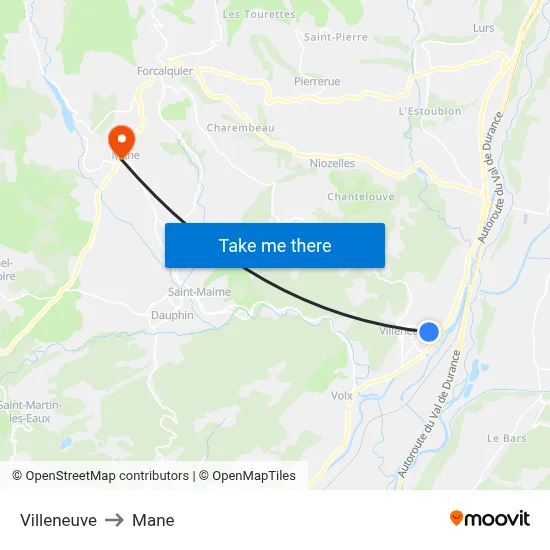Villeneuve to Mane map