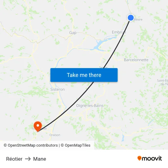 Réotier to Mane map
