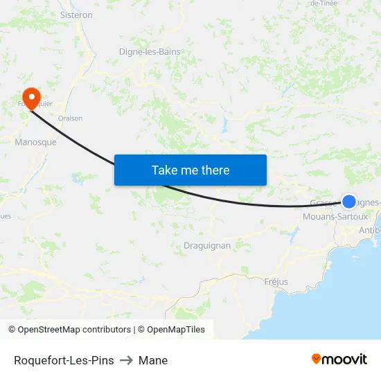 Roquefort-Les-Pins to Mane map