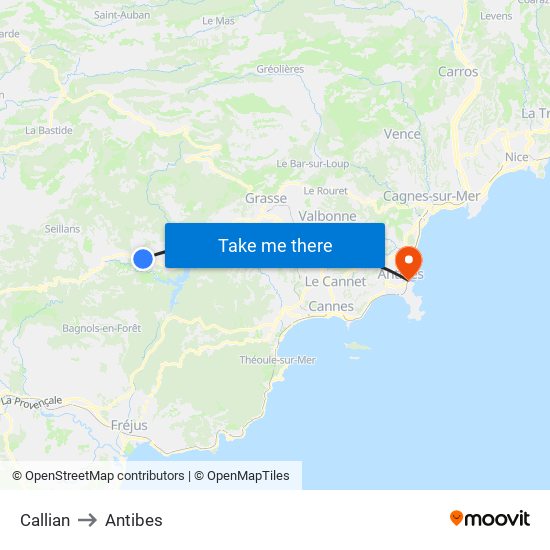 Callian to Antibes map