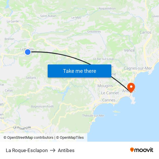 La Roque-Esclapon to Antibes map