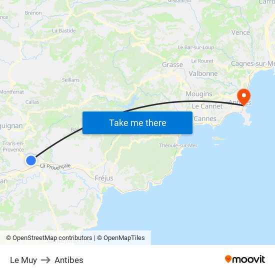 Le Muy to Antibes map