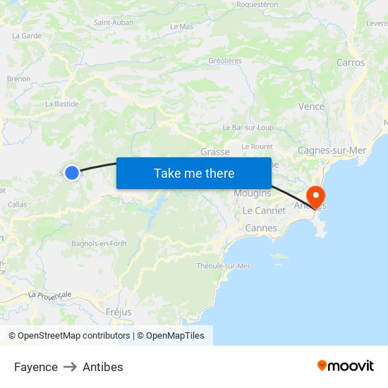 Fayence to Antibes map