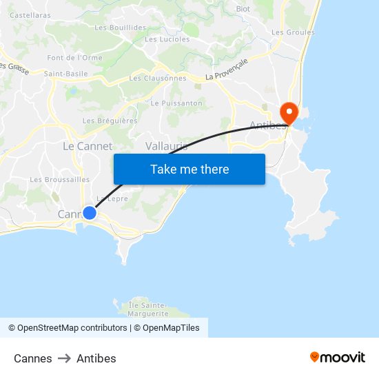 Cannes to Antibes map