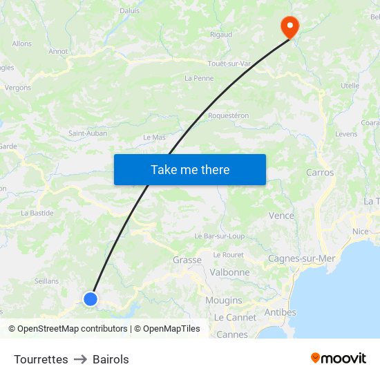 Tourrettes to Bairols map