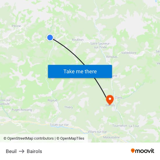 Beuil to Bairols map