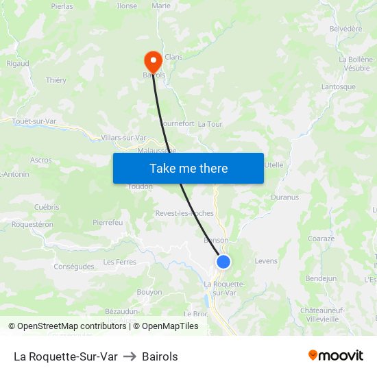 La Roquette-Sur-Var to Bairols map