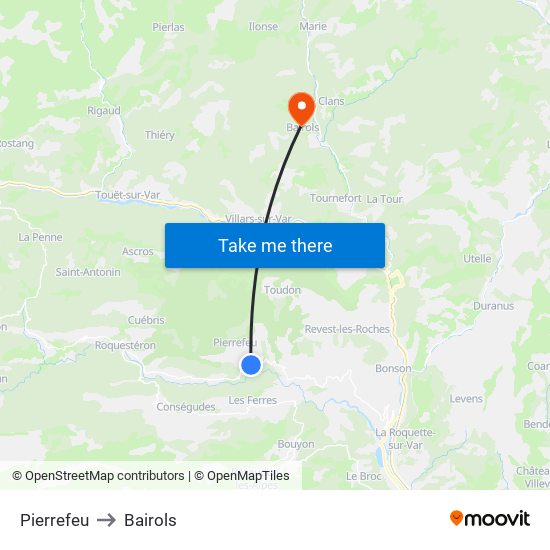 Pierrefeu to Bairols map