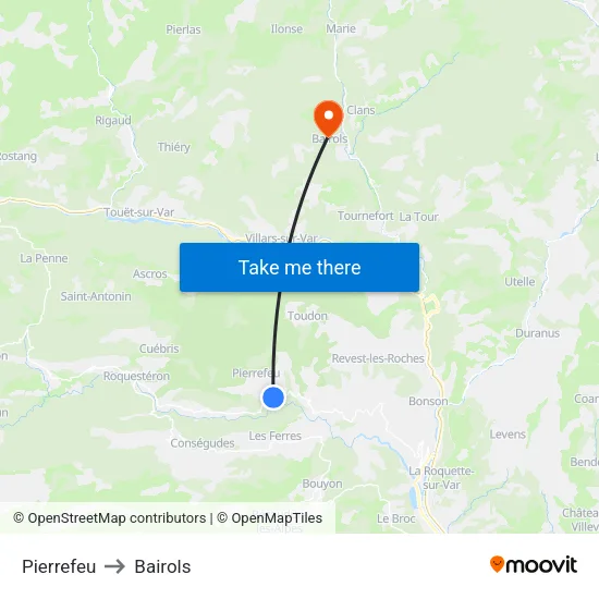 Pierrefeu to Bairols map