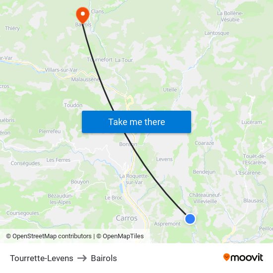 Tourrette-Levens to Bairols map