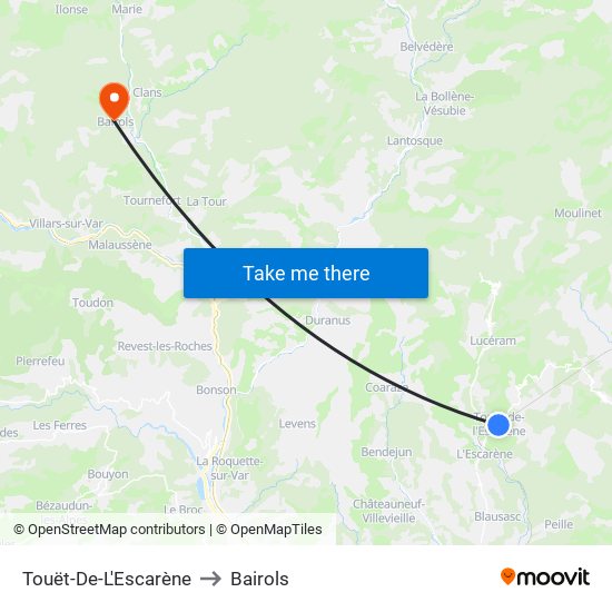 Touët-De-L'Escarène to Bairols map