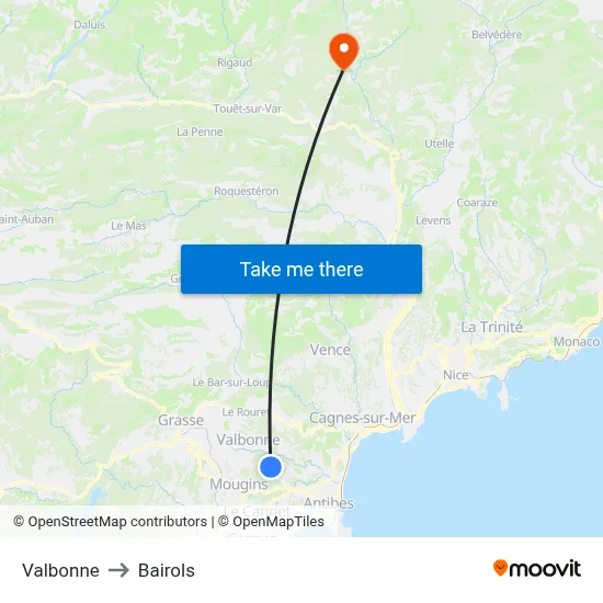 Valbonne to Bairols map