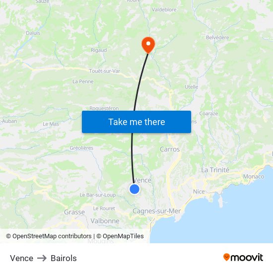 Vence to Bairols map