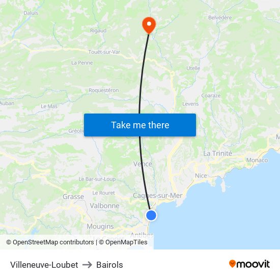 Villeneuve-Loubet to Bairols map