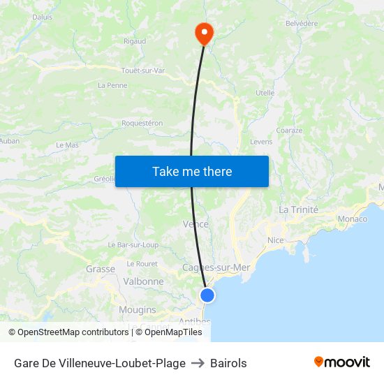 Gare De Villeneuve-Loubet-Plage to Bairols map