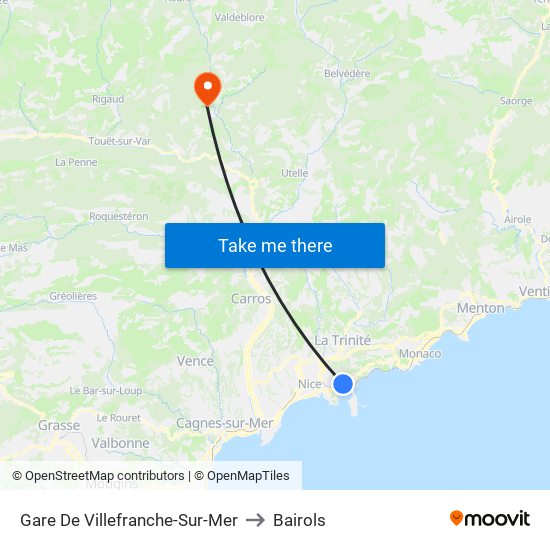 Gare De Villefranche-Sur-Mer to Bairols map
