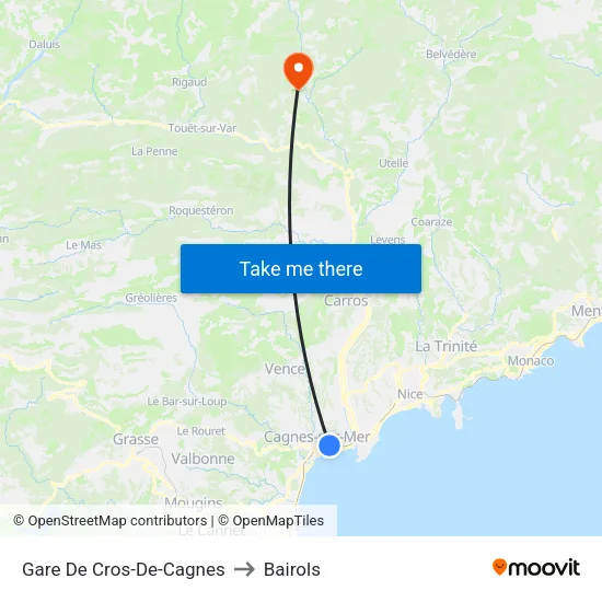 Gare De Cros-De-Cagnes to Bairols map