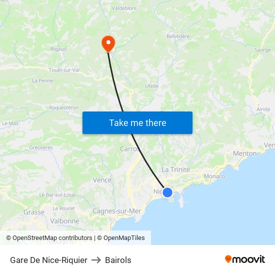 Gare De Nice-Riquier to Bairols map