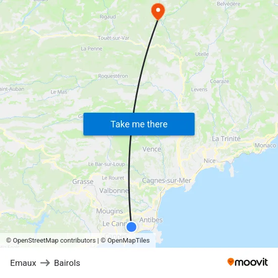 Emaux to Bairols map