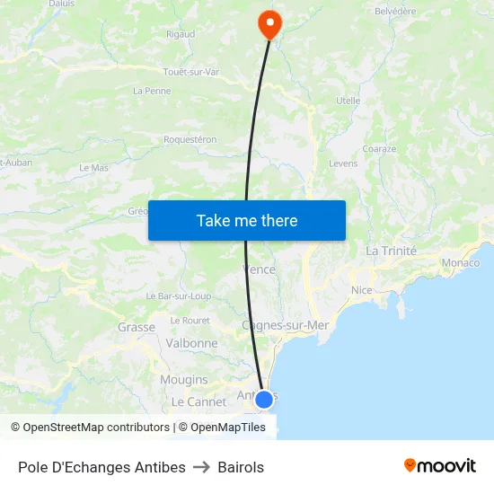 Pole D'Echanges Antibes to Bairols map