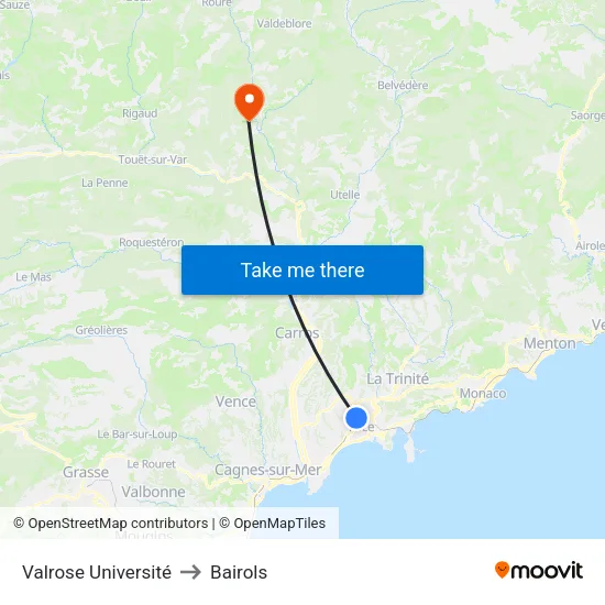 Valrose Université to Bairols map