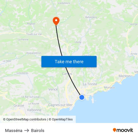 Masséna to Bairols map