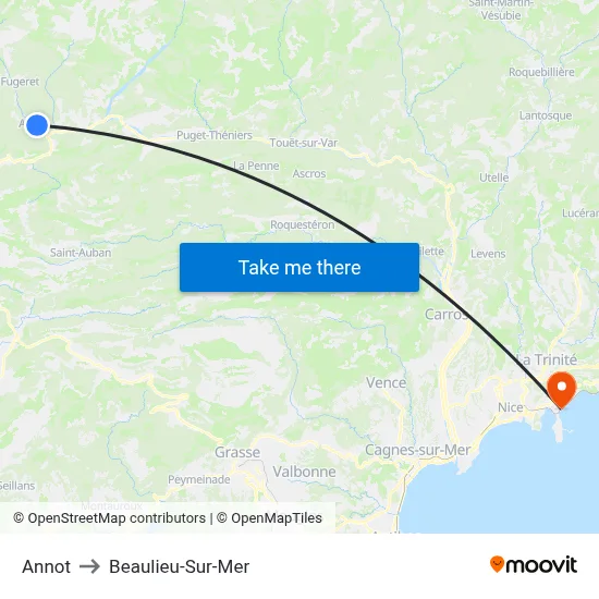 Annot to Beaulieu-Sur-Mer map