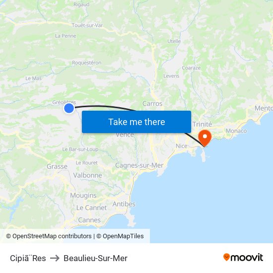 Cipiã¨Res to Beaulieu-Sur-Mer map