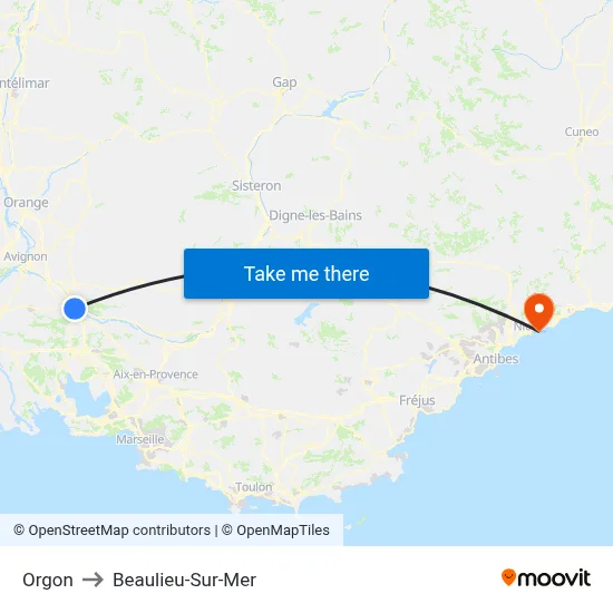 Orgon to Beaulieu-Sur-Mer map