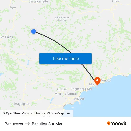 Beauvezer to Beaulieu-Sur-Mer map